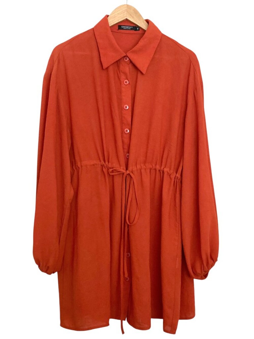 SHEIN SXY Drawstring Crinkle Long Sleeve Mini ShirtDress Size 1XL Pumpkin Orange